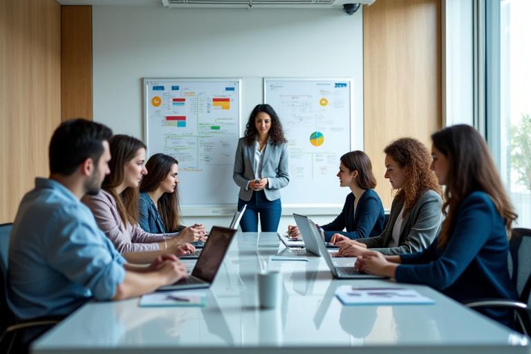 A diverse professional team collaborating in a modern, sunlit office, embodying teamwork and innovation.