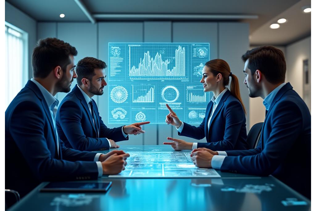 A diverse team of business professionals collaboratively analyzing data on a large holographic screen, displaying AI readiness metrics and strategic charts.