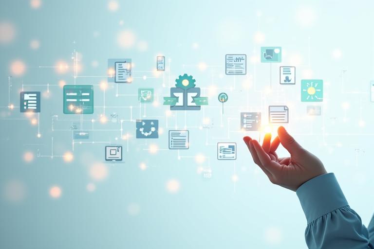 Visual representation of workflow automation with connected digital icons, gears, and flowing data, emphasizing process optimization and efficiency.
