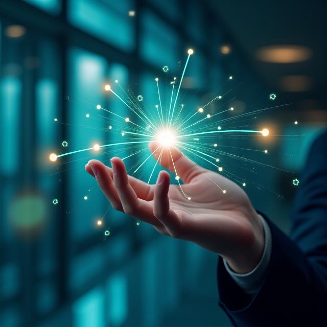 A close-up of a person's hand pointing at a futuristic holographic business dashboard, symbolizing clear direction and strategic insights for AI implementation.
