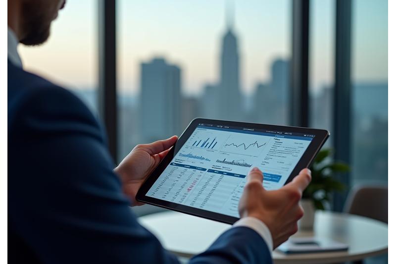 A business professional examining a financial chart on a tablet, with a cityscape in the background, representing in-depth business valuation.