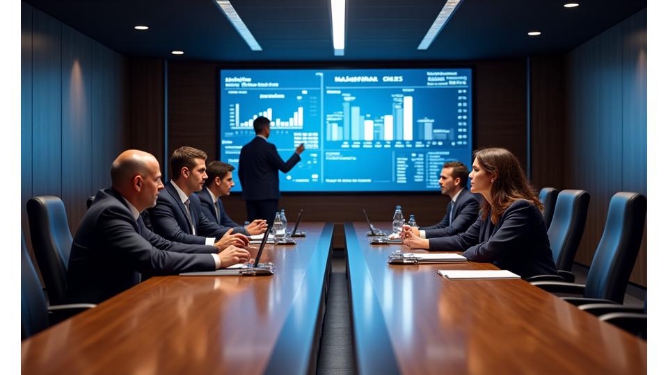 Financial advisors in a modern board room