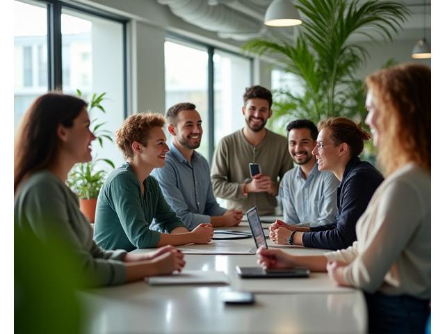 Diverse team collaborating in a sustainable office environment