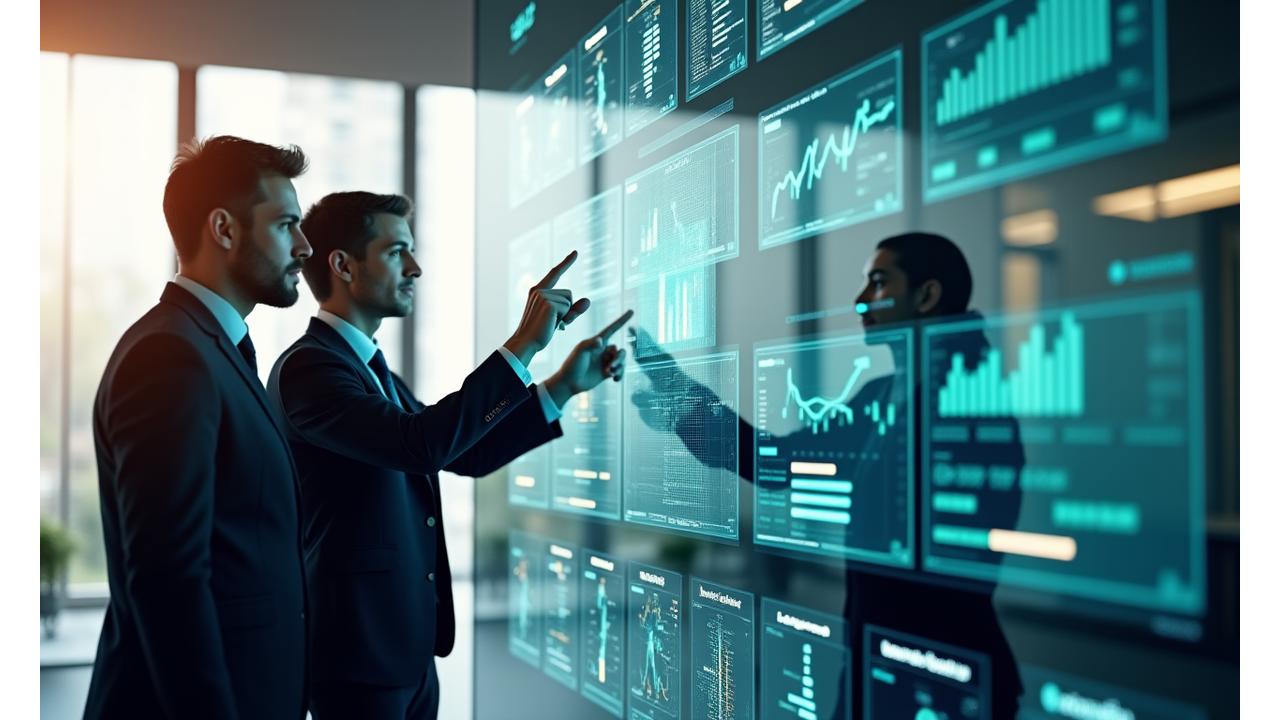 Team of consultants reviewing data visualizations and charts, symbolizing performance optimization and strategic analysis.