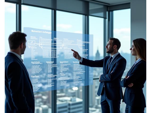 A business leader pointing at a strategic roadmap projected onto a digital screen, symbolizing clear execution planning.