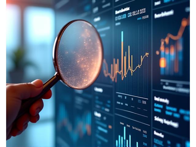 Data analytics dashboard displaying market trends and growth projections, with a magnifying glass over a chart, symbolizing deep insight.