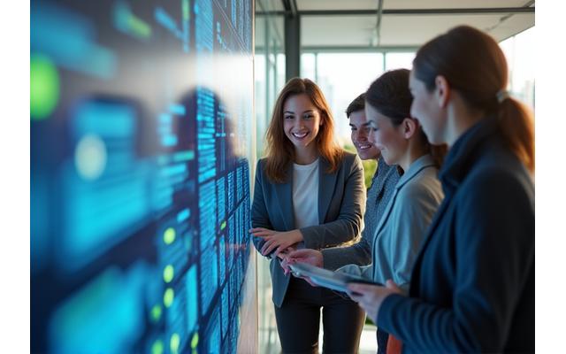 Diverse team collaborating in a modern, light-filled office space