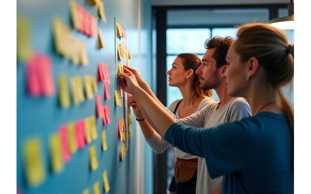Professionals engaging in a workshop with sticky notes and diagrams