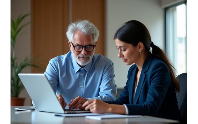 An executive coach providing personalized one-on-one guidance to a rising leader. The setting is a professional, bright office, emphasizing growth and mentorship.