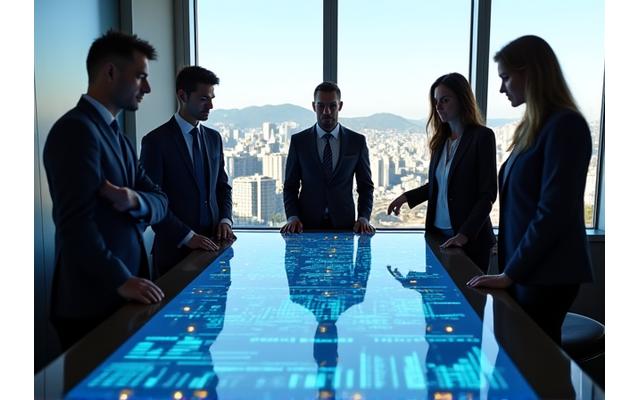 Diverse group of business leaders in a modern boardroom, discussing strategies with visual aids illustrating growth and strong organizational structure. The mood is collaborative and forward-thinking, embodying leadership continuity.