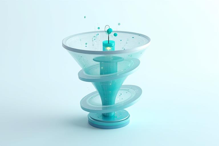 Illustration of a complex marketing funnel showing customer acquisition steps with data flow and conversion points, highlighting digital strategy.