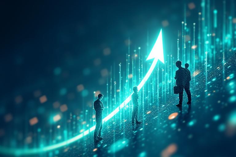 Illustration of a tech startup's growth trajectory with data visualization and collaborative team members, representing Silicon Valley innovation.