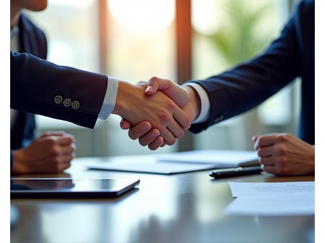 Professional handshake sealing a business agreement, symbolizing trust and partnership in legal terms.