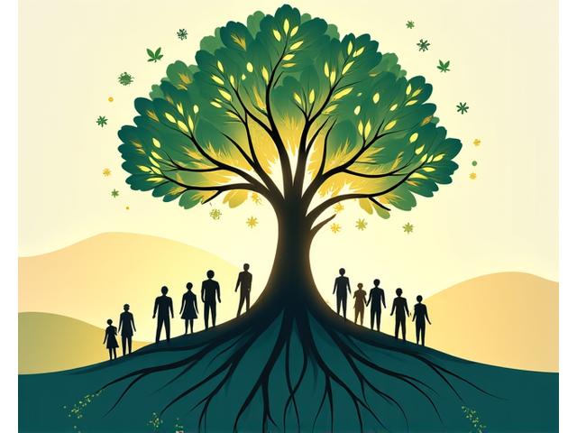 A vibrant, stylized tree with roots extending into diverse human figures and branches reaching towards abstract sustainability symbols like leaves and gears. The image represents growth, connection, and the intertwining of human capital with environmental responsibility.