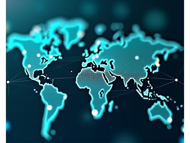 Interconnected glowing lines forming a network over a global map, with icons representing environmental, social, and governance factors radiating from key nodes. The image conveys complexity managed with precision, showcasing global impact and strategic sustainability.