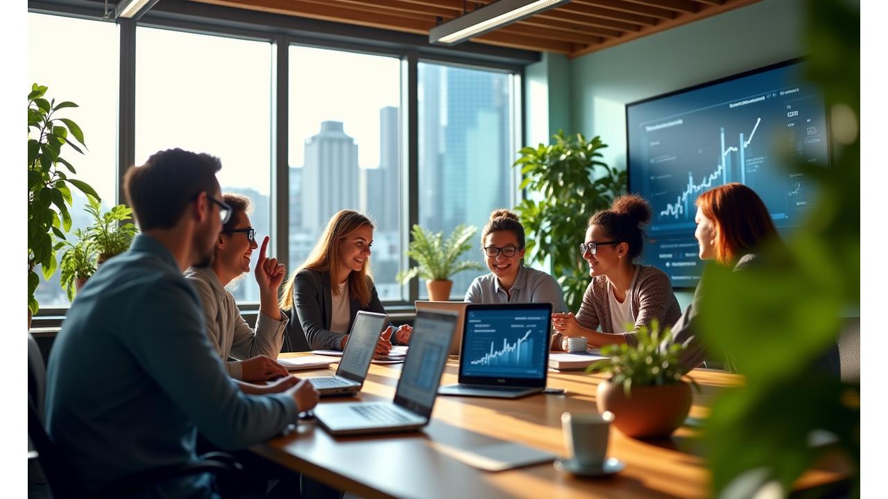 Diverse team collaborating in a modern, sustainable office space, with bright green plants and digital interfaces showing growth charts. The scene conveys innovation, collaboration, and environmental consciousness, embodying a purpose-driven organization.